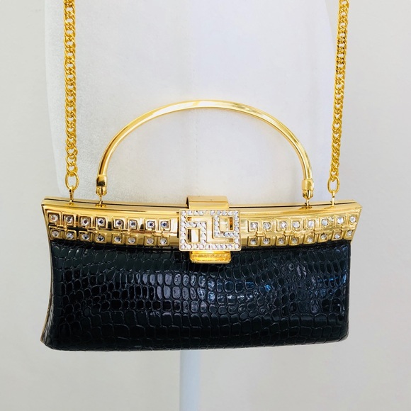 Black & Gold Croc Print Evening Bag - Picture 9 of 11